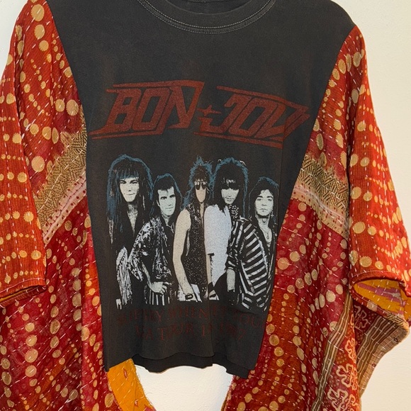 Vintage Bon Jovi Band Graphic Top with Red Patterned Kantha Sleeves - Picture 2 of 4